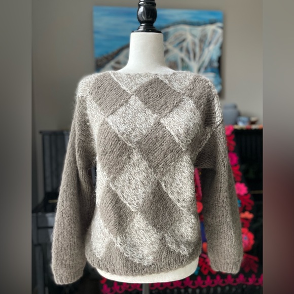 Vintage Sweaters - VINTAGE Italian 100% Wool Checkerboard Pattern Sweater - M